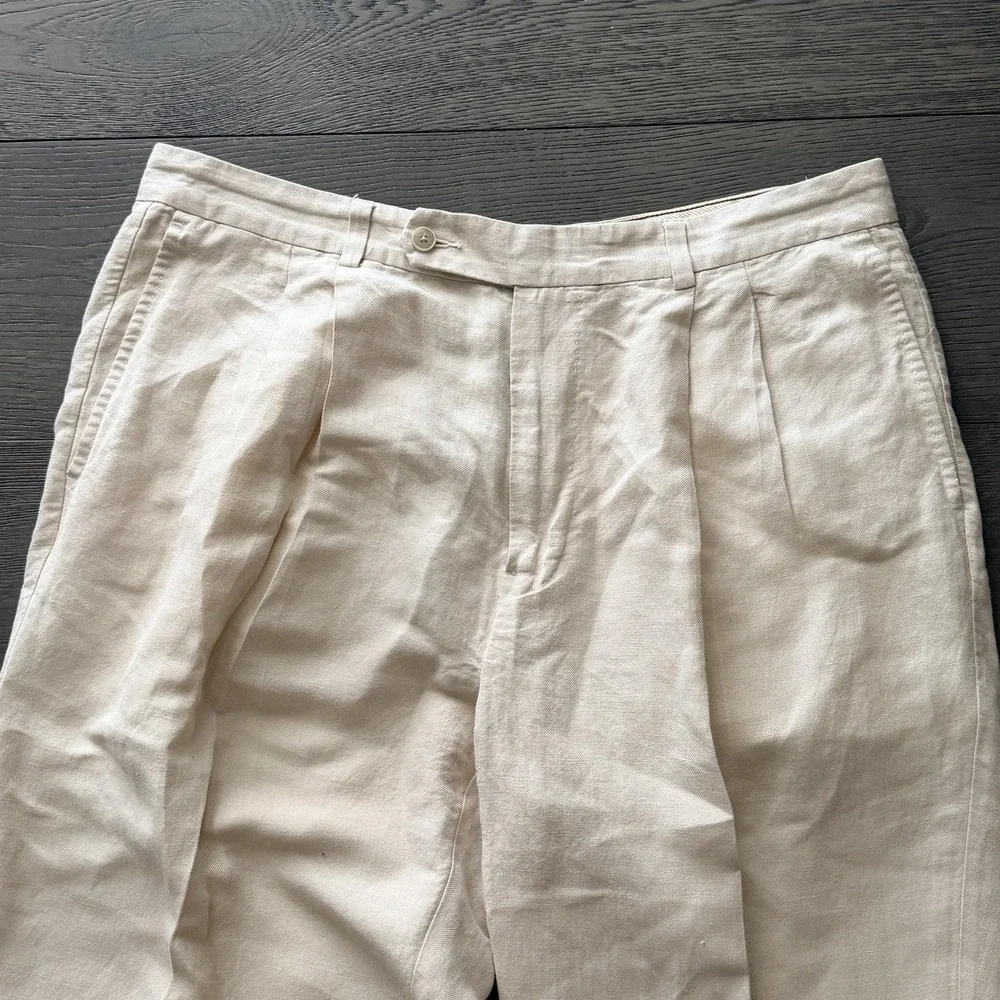 Tommy Bahama Dress Pants Mens 36x32 Beige Linen Silk Pleated Herringbone Summer